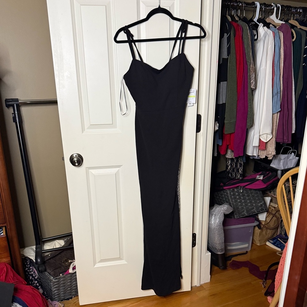 Nightway Collections Black Evening Maxi Dress with Rhinestone Trim Side Slit - Picture 4 of 6